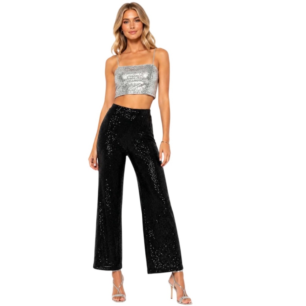 Petal And Pup Black Sequin Wide Leg Pant Lilianna Ankle Trouser Extra Small XS